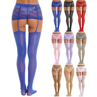 US Womens Sexy Body Stocking Lace Thigh High Stockings + Suspender Garter Belts